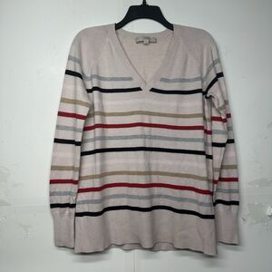 LOFT Women's Sweater Size Small V-Neck Striped Pullover Pink Beige Red Black